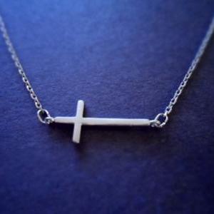 Simple Sideway Cross, Silver Plated, Necklace