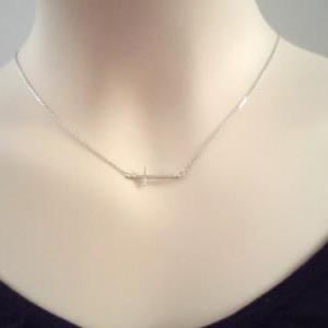 Simple Sideway Cross, Silver Plated, Necklace