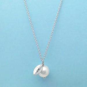 White Pearl, Initial Leaf, Personalized, Necklace