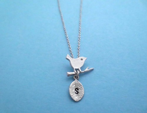 Cute, Bird On A Branch, Initial, Personalized, Necklace