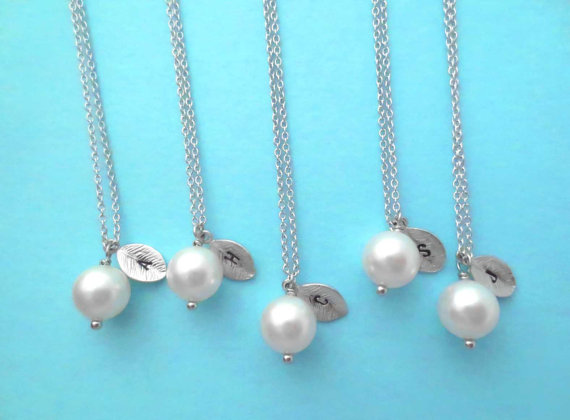 Set Of 5, White Pearl, Initial Leaf, Personalized, Necklace