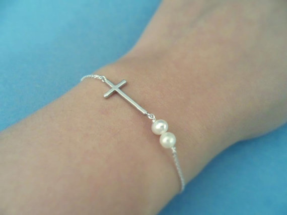 Simple Lovely, Twin Pearl Cross, Sterling Silver Chain, Bracelet
