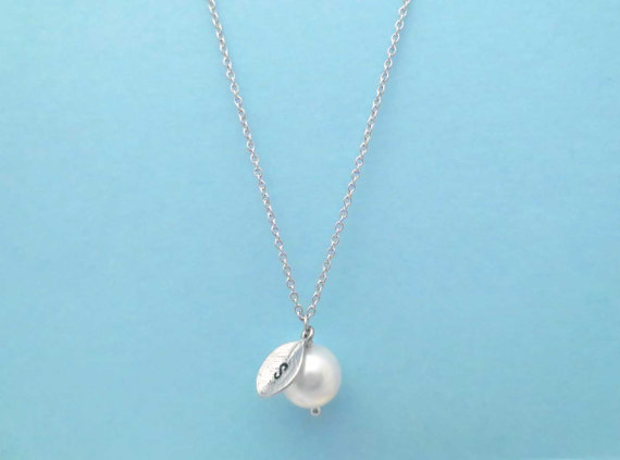 White Pearl, Initial Leaf, Personalized, Necklace