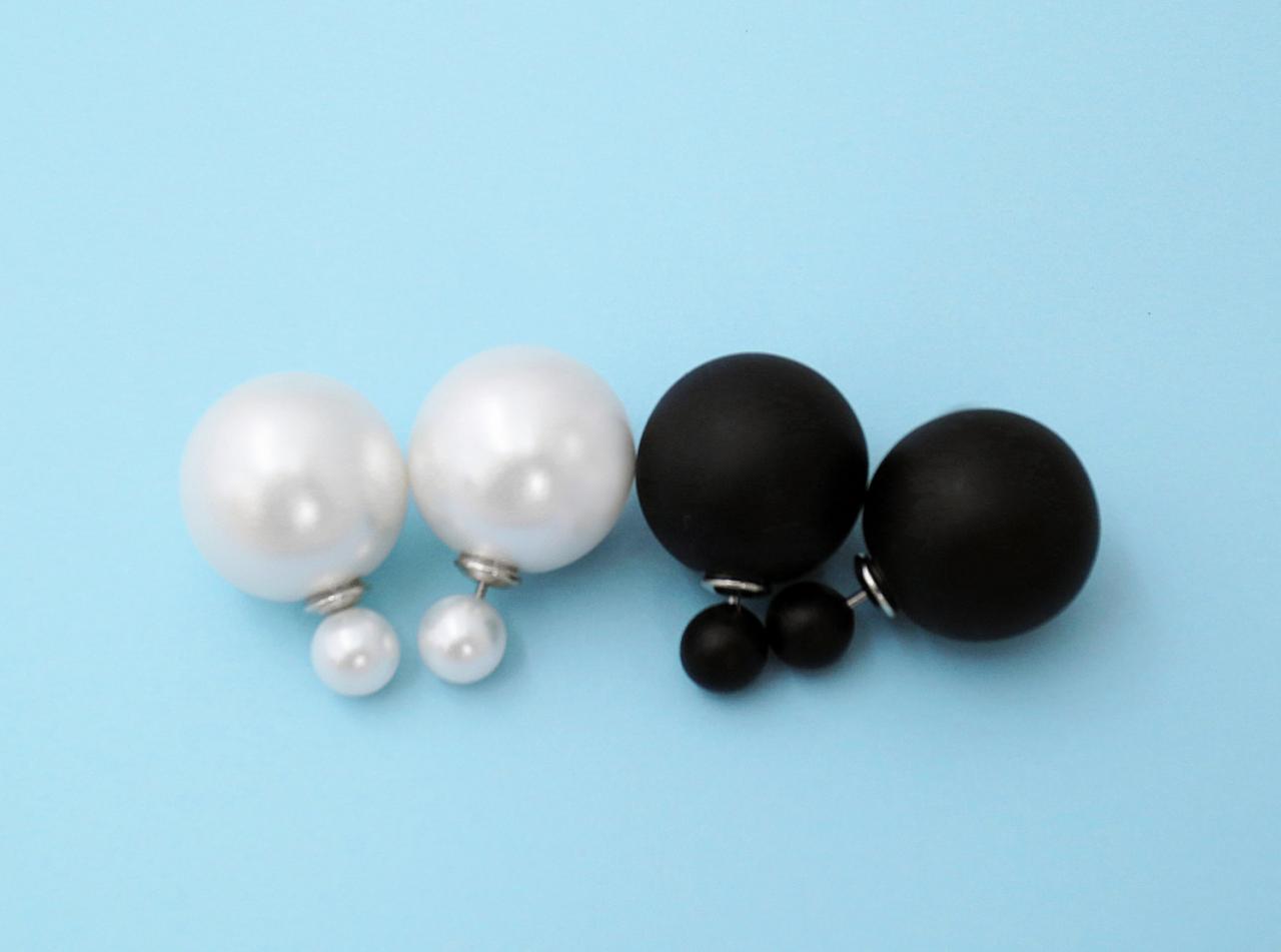 Double Pearl Earrings, Trible Earrings, Two Pearl Earrings, Pearl Earrings, Double Bead Earrings, White Pearl Earrings, Earrings, Jewelry